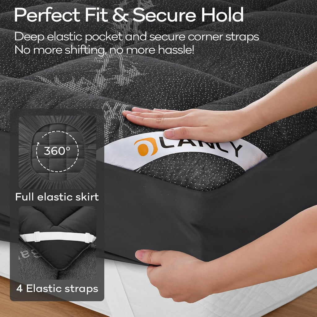 OLANLY Queen Mattress Topper - Cooling Bamboo Viscose Pillow Top for Back Pain Relief | Plush Dark Gray