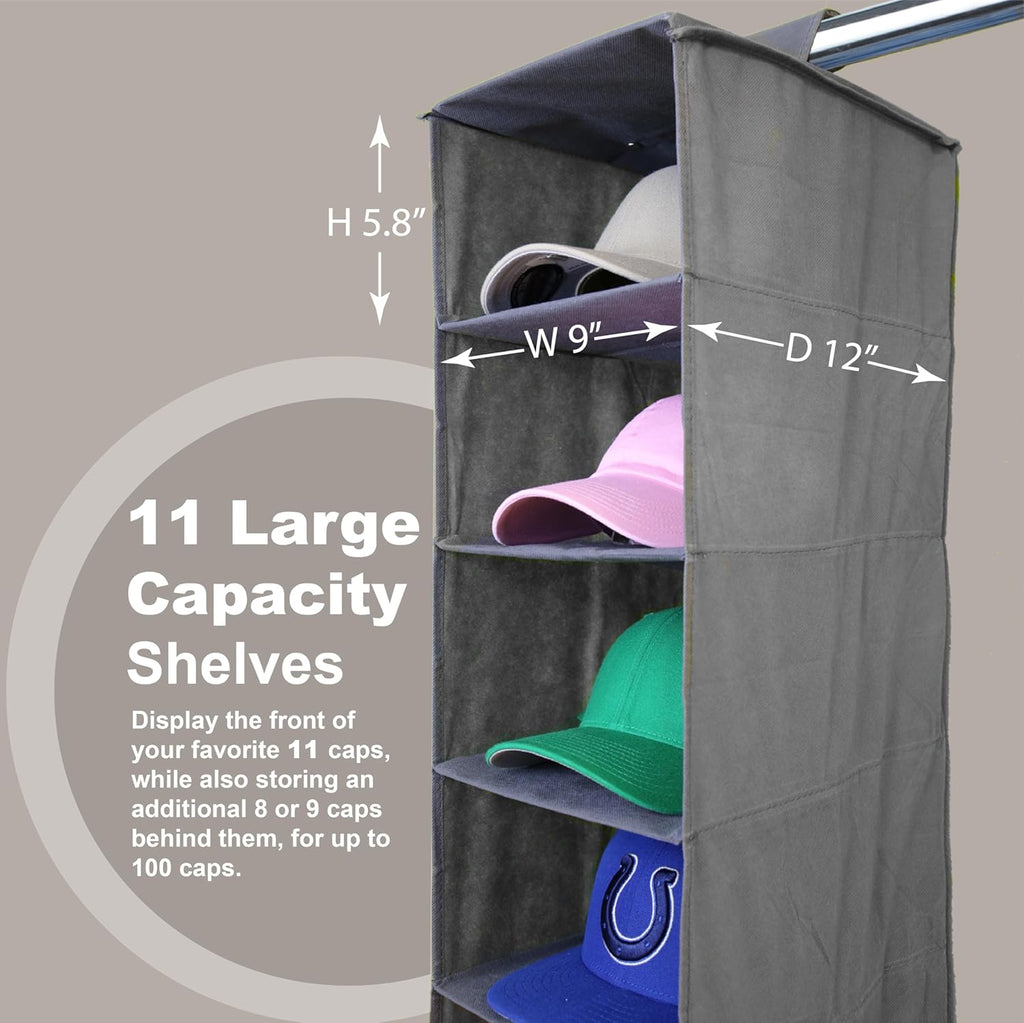 Perfect Curve 11-Pocket Baseball Hat Organizer - Gray Hat Storage Rack for Closet, Holds 100 Caps