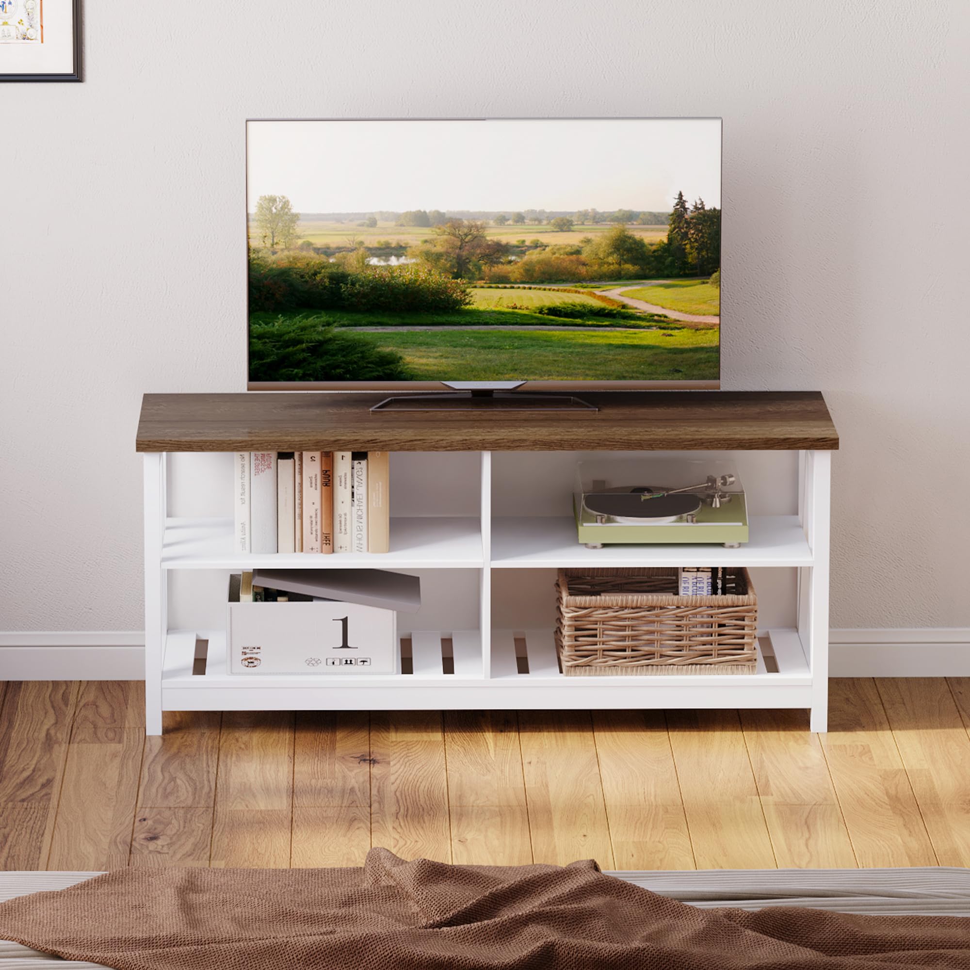 ChooChoo Farmhouse TV Stand for TVs up to 60 Inch, Modern Entertainment Center with 4 Open Shelves & Built-in Cable Holes, Media TV Console for Living Room, Bedroom, White