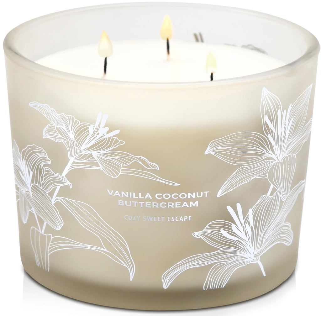 Vanilla Coconut Buttercream Candle, 14.5oz Large 3-Wick Soy Scented Candles for Home, Vanilla Cupcake Candle, Long Lasting Aromatherapy Candle, Gift for Mom Women