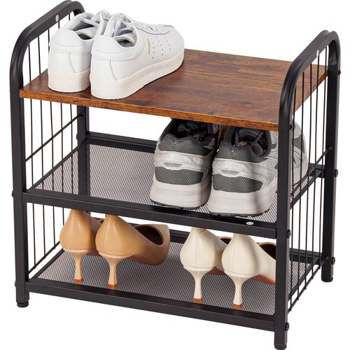 BWOORACKU 3-Tier Shoe Rack with Guardrails, Heavy-Duty Metal Mesh Shelves & Rustic Wooden Top - Space-Saving Organizer for Closet, Entryway, and Hallway (Holds 1-2 Pairs/Shelf)
