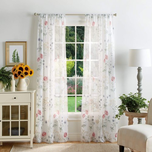 Martha Stewart Marthas Garden Floral Semi-Sheer Rod Pocket Window Curtain Panel Pair, 95", Multi