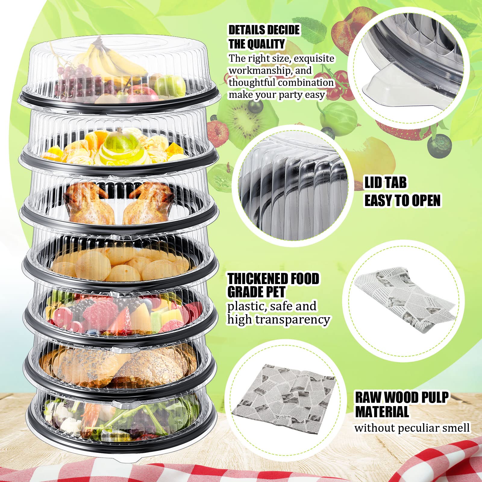 Tessco for you 12 Pack Heavy Duty Repeatedly Plastic Serving Tray with Lid and 24 Pcs Deli Wax Paper Sheets Sets Large Party Platters with Clear Lids Stackable Round Food Serving Trays (Black,16inch)