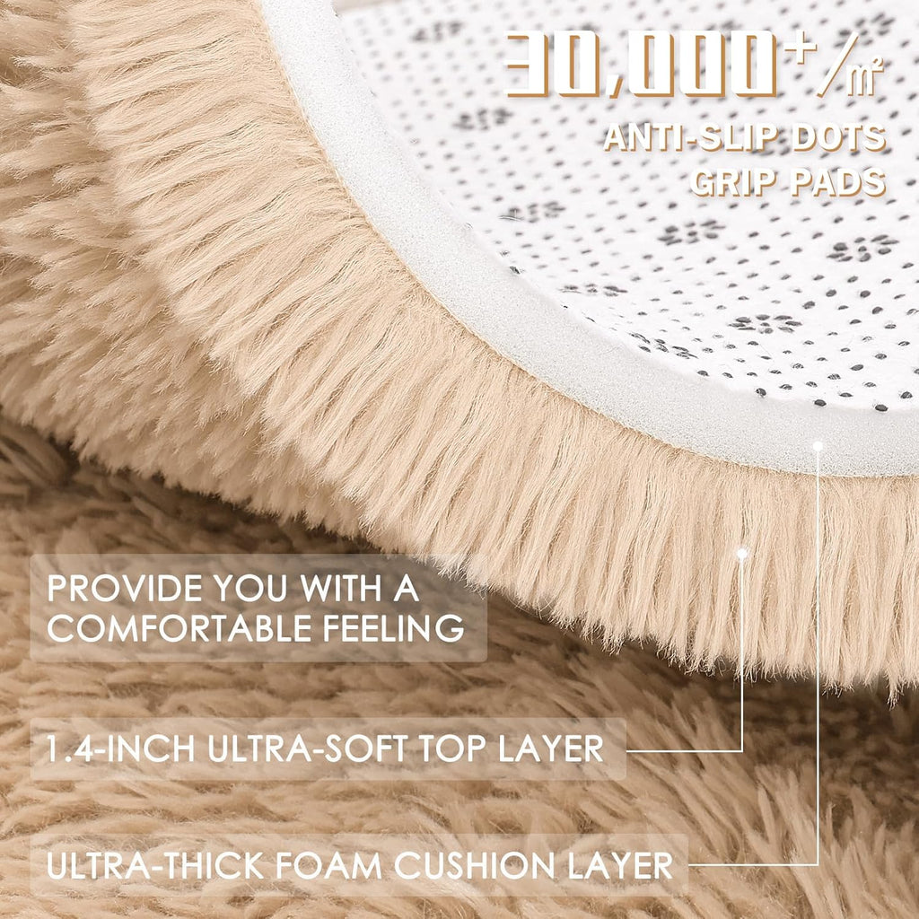 OLANLY Round Beige Area Rug - Soft, Fluffy, Machine Washable 4 ft Circle Carpet for Bedroom & Living Room