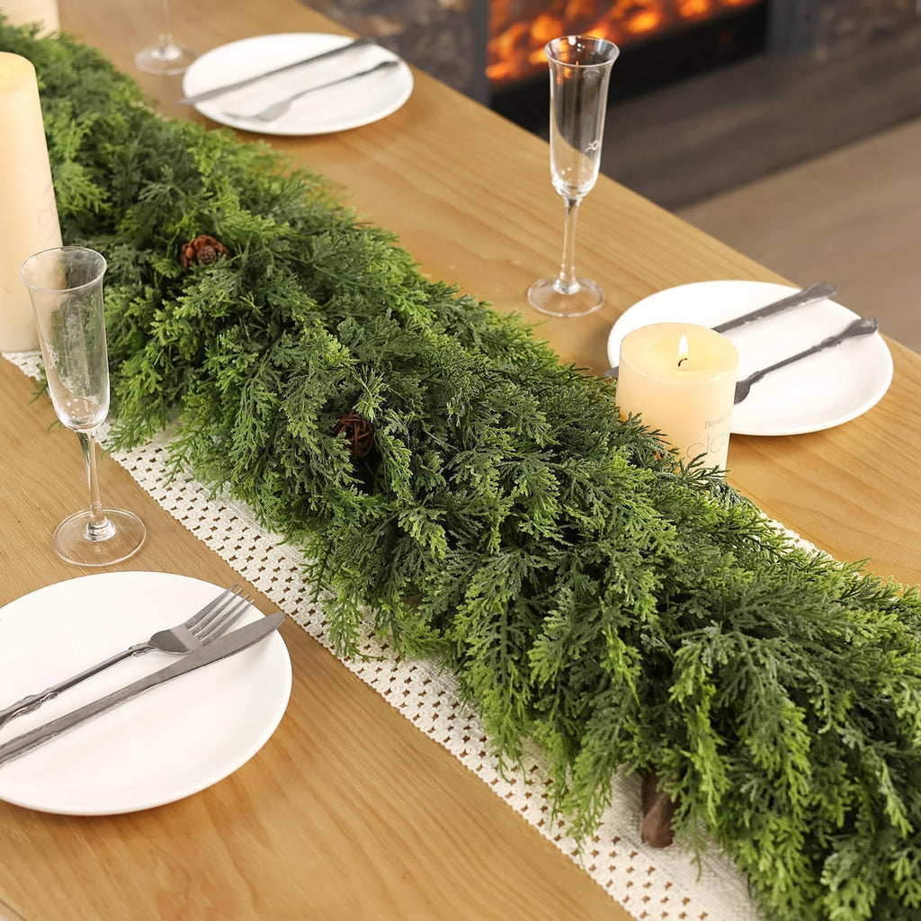 Soft Textured Christmas Cedar Garland -9ft Artificial Garlands Faux Cedar Fake Pine Needles Garland for Fireplace,Table,Window,Stairs,Mantle,Holiday Indoor Outdoor Xmas Decor(1PCS)