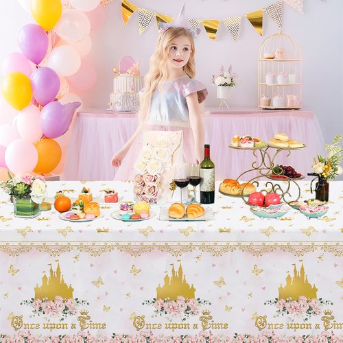 AIBIIN 3Pcs Princess Birthday Party Tablecloths Once Upon a Time Table Cover Floral Gold Castle Party Decorations for Girls Women Birthday 108 x 54 Inch