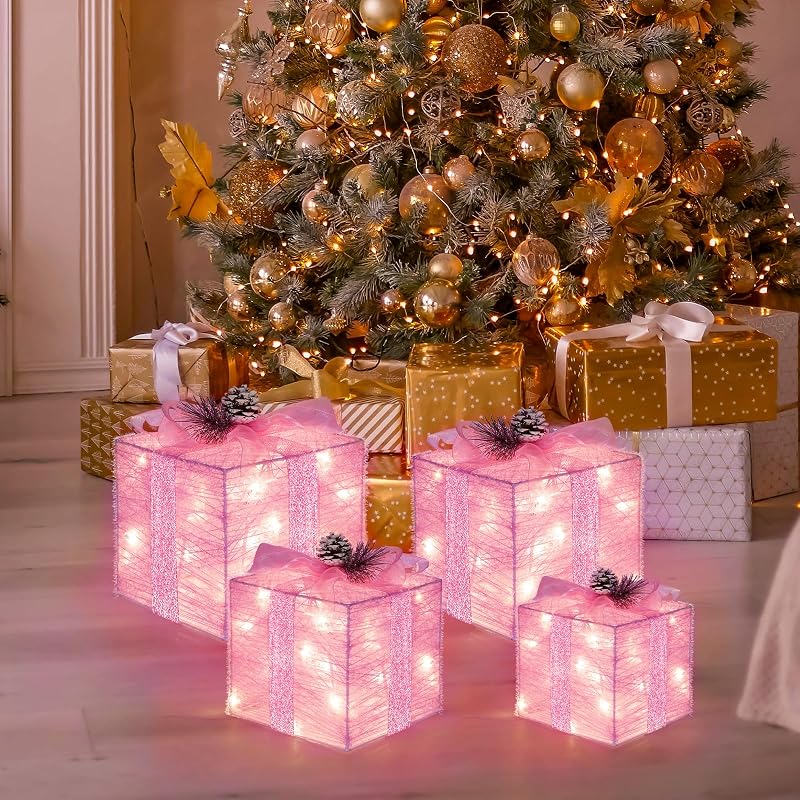 Pink Lighted Gift Box Set - 4 Pcs Christmas Decoration with 75 Warm White LEDs (Variation: Pink)