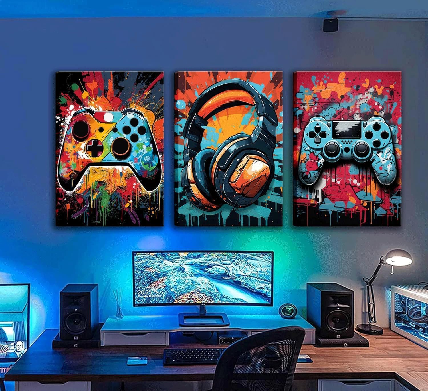 Skiennix Gaming Wall Art - Retro Video Game Watercolor Posters | Colorful Neon Gamepad Canvas Prints - 12x16in