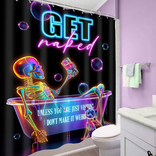 Mitpok Neon Funny Skull Shower Curtain 60Wx72H Skeleton Gothic Spooky Unique Cool Bone in Bathtub Bubbles Black Halloween Cat Modern Bathroom Decor Colorful Bath Curtain Fabric Polyester 12 Pack Hooks