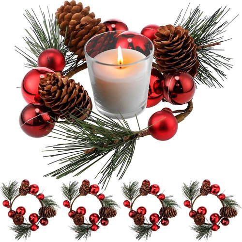 FoldTier Christmas Candle Rings - 4 Pcs Red Berries & Pine Needles Garland | Rustic Table Centerpieces