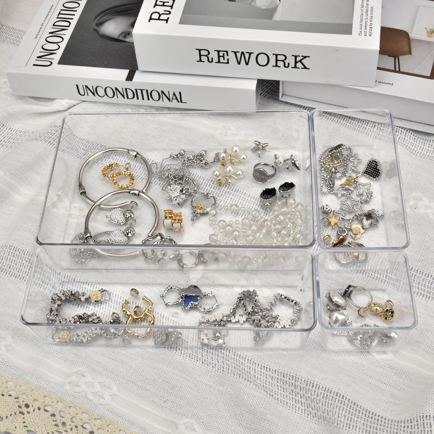 Manalete Drawer Organizers - Set of 15 Clear Plastic Storage Bins for Kitchen, Bathroom & Office