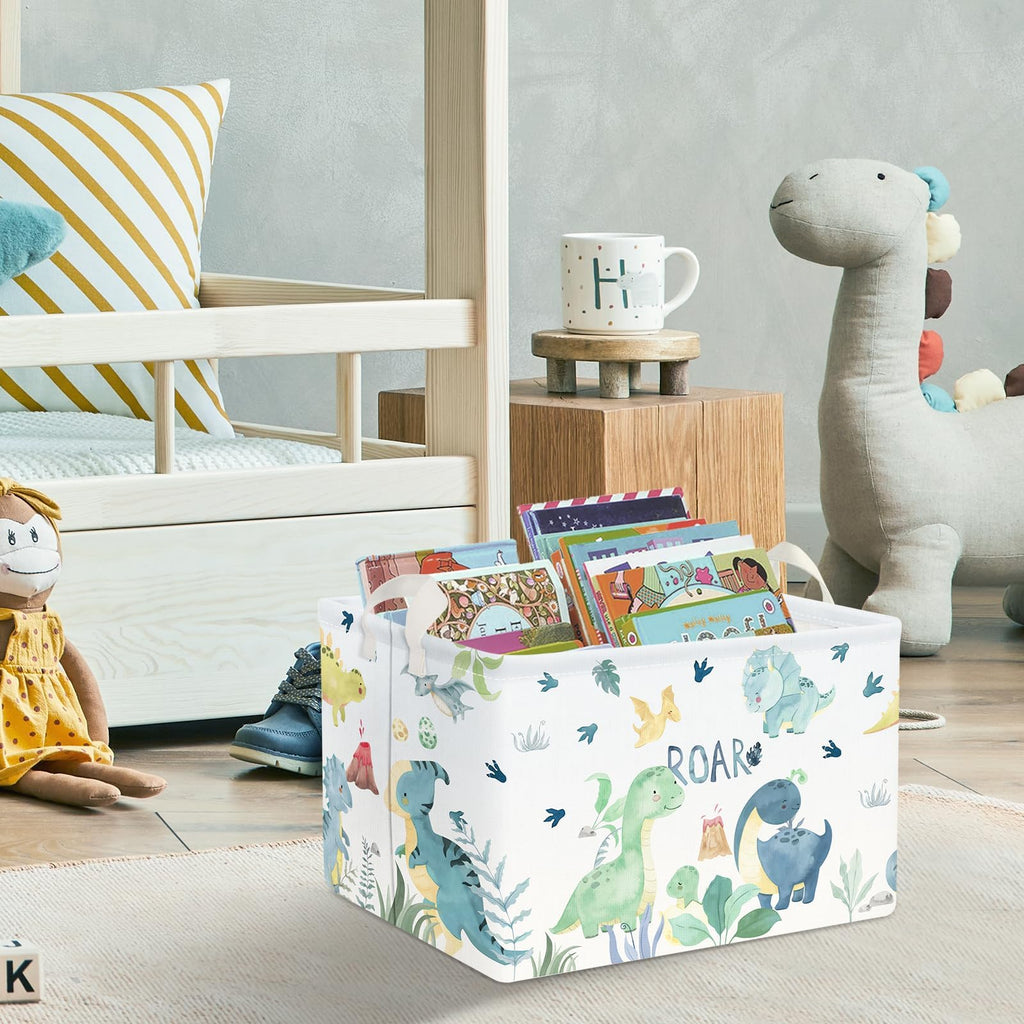 Clastyle Adorable Watercolors Green Dinosaur Shelf Basket Volcano Palm Leaf Collapsible Storage Bin Rectangle Clothes Books Toy Storage Cube, 21L