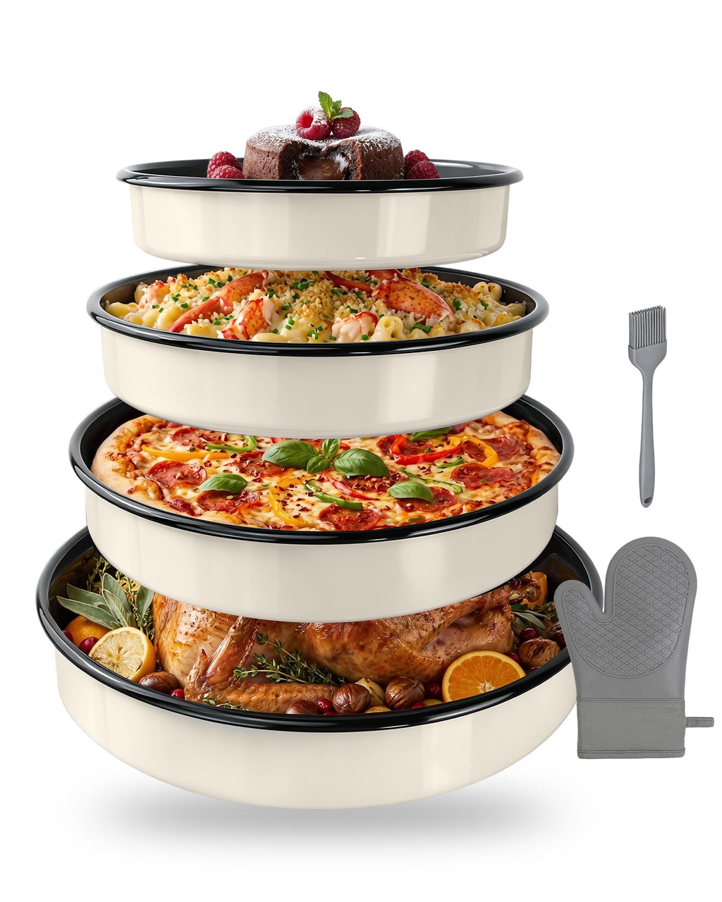 MCCSI Enamel Round Roasting Pan Set Baking Dish 4-Pack 9/10/12/14 Inch High Temperature Resistance Bakeware for Pizza Chicken, Oven Dishwasher Safe Birthday Mother Day Gift for Wife & Mom Cake Pan