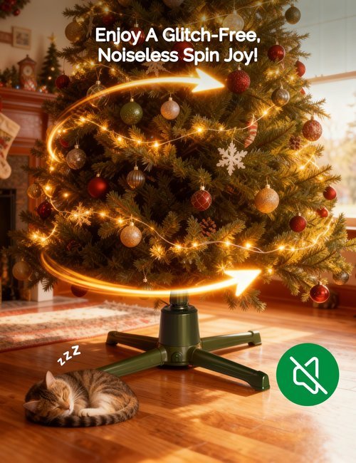 COOLWUFAN Musical Rotating Christmas Tree Stand with Remote Control, Built-in Electrical Outlets Xmas Tree for Up to 9ft Artificial Trees, Stable 360 Degree Spinning Tree Base Holder