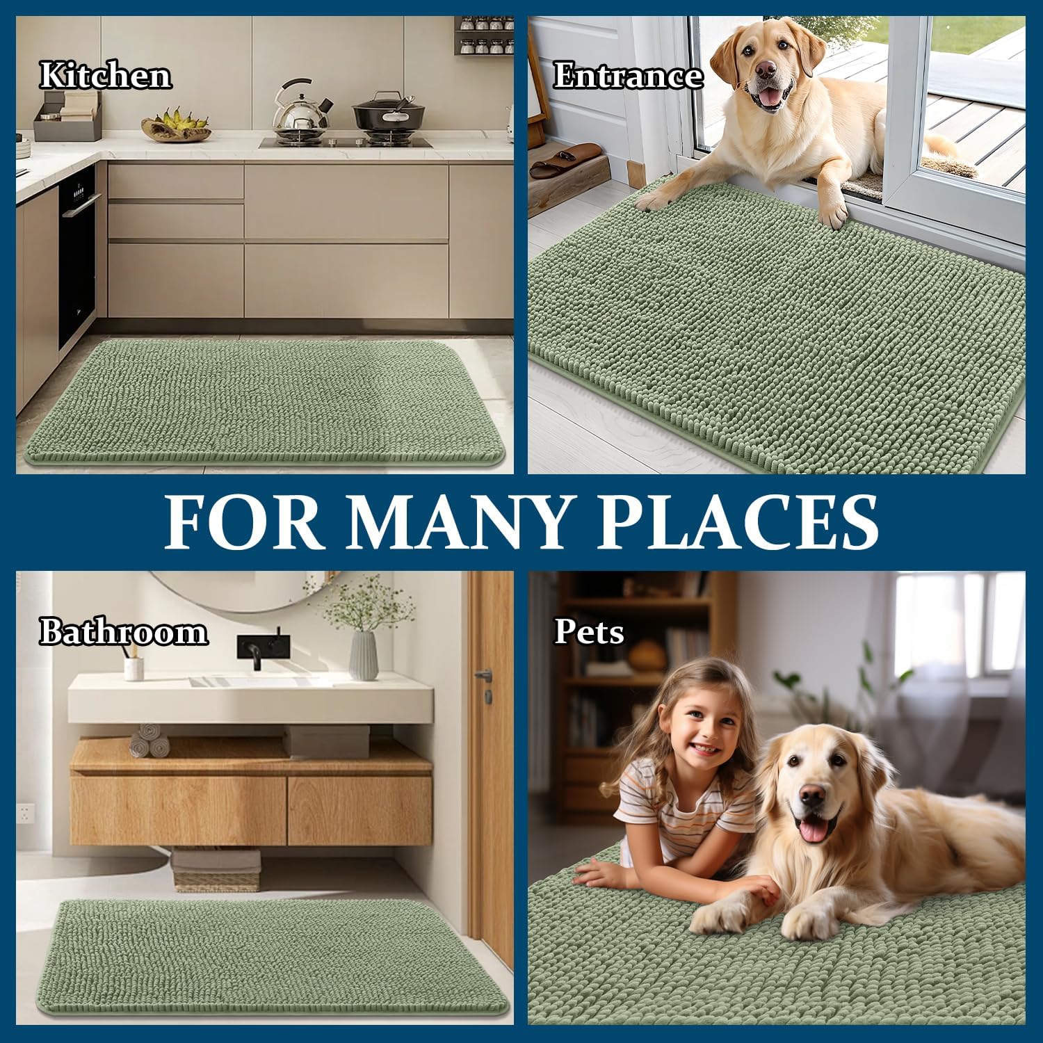 OLANLY Dog Door Mat - Absorbent Non-Slip Chenille Mud Mat for Indoor Use | 59x35 Sage Green