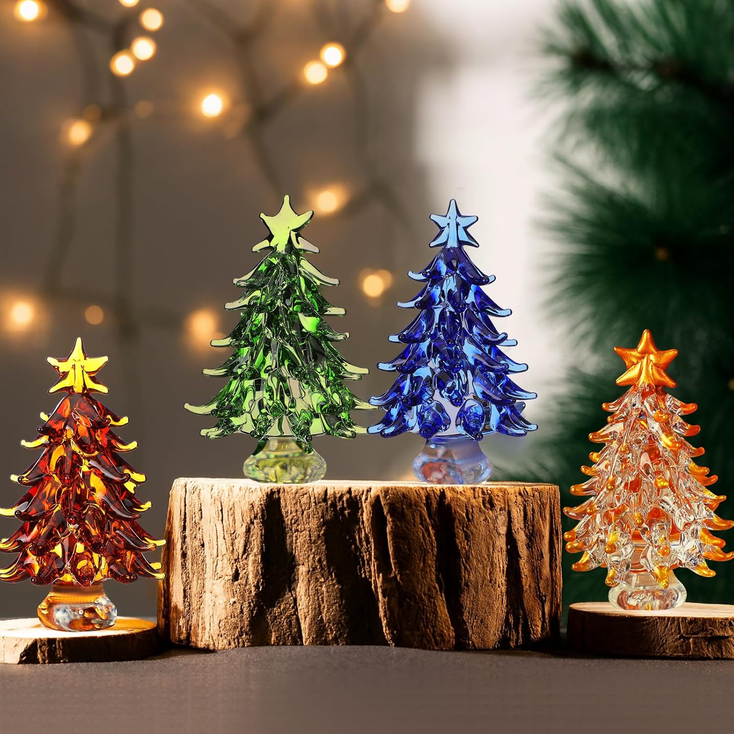 Thyle Mini Colorful Crystal Christmas Tree Figurines - 4 Pcs 2.4 Inch Holiday Decor Statues