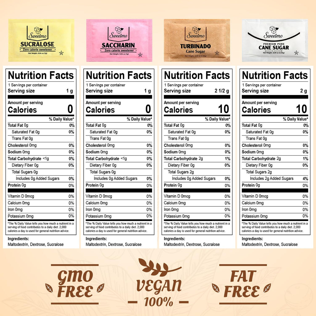 Sweetmo Sugar Packets Variety Pack - 400 Count of Sucralose, Raw, Cane Sugar & Stirrers | Perfect for Coffee & Tea