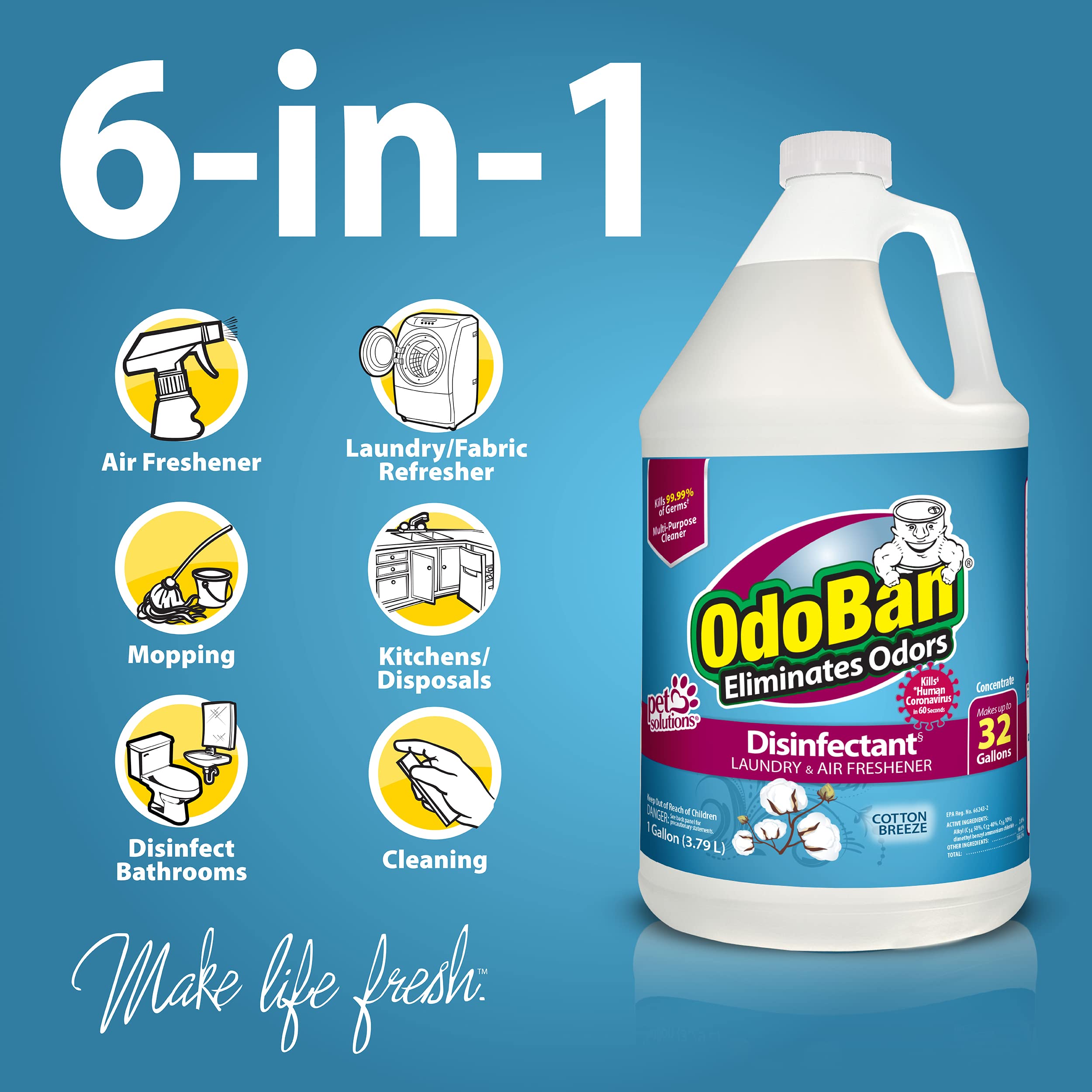 OdoBan Disinfectant Concentrate and Odor Eliminator, Made in the USA, Cotton Breeze Scent, 4 Gallons