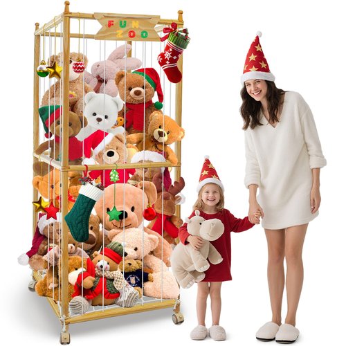 Large Stuffed Animal Storage, 550L Wood Plush Toy Storage With Wheels, Kids Plushies Storage With Thicker Elastic Band, Stuffed Animal Organizer For Playroom, Bedroom, Nursery(22.5in*22.5in*66.4in)