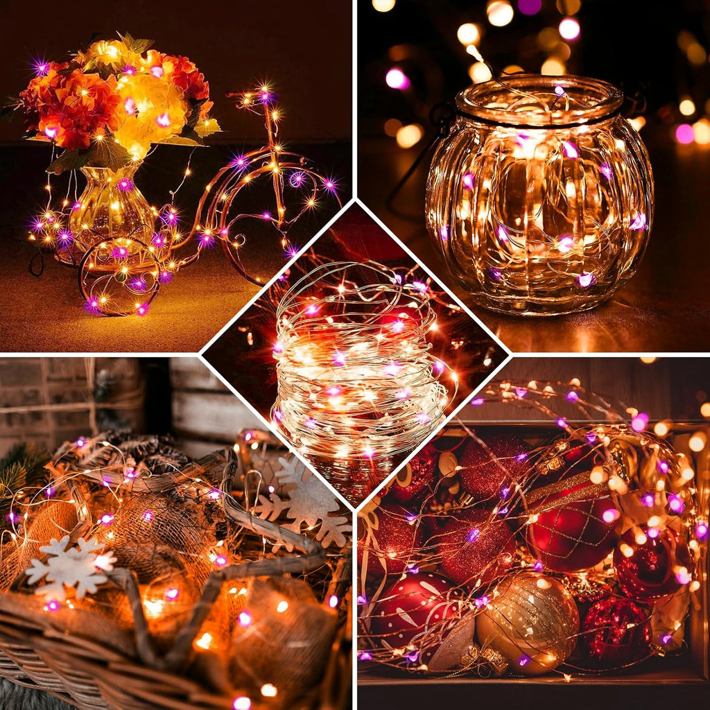 Skiennix 50 Pack Fairy Lights | 7Ft 20 LED Twinkle String Lights - Battery Operated & Waterproof for Parties, Weddings, and Holidays - Orange & Purple