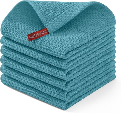 Homaxy 100% Cotton Waffle Weave Dish Cloths - Ultra Soft & Absorbent, Quick Drying | 12 x 12 Inches, 6-Pack, Lake Blue