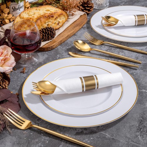 SUT 50 Pack Pre Rolled Silverware Set Disposable, 200pcs Gold Plastic Utensils Include 50 Forks, 50 Knives, 50 Spoons and 50 Napkins, Wrapped Plastic Cutlery Set With Napkin for Wedding