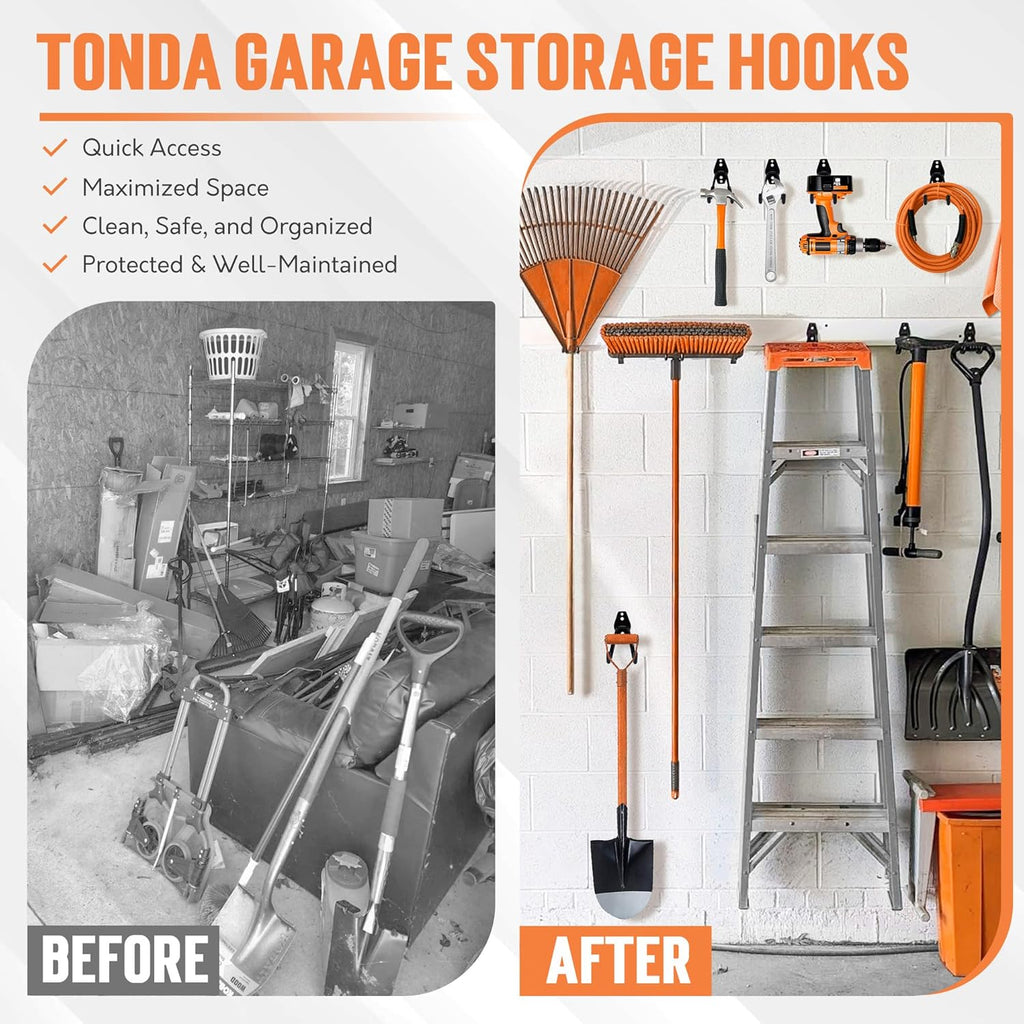 TONDA Heavy-Duty Garage Hooks - 20 Pack Wall Storage Solution for Bikes, Ladders, and Tools | Black