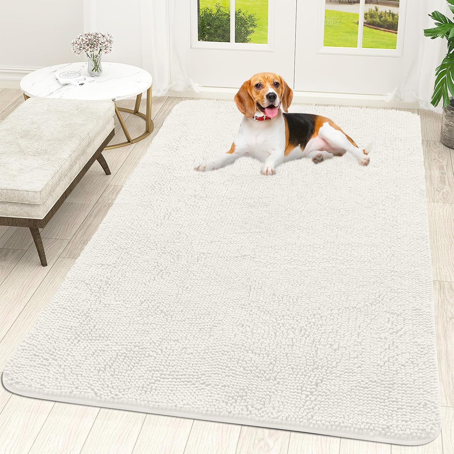 OLANLY Dog Door Mat - Absorbent Non-Slip Chenille for Muddy Paws | 59x35 Inches, Quick Dry Ivory