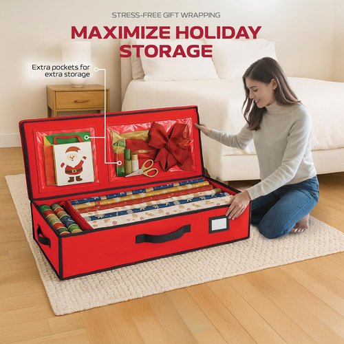 Christmas Wrapping Paper Organizer by [Brand Name] - Heavy-Duty Storage Box for Up to 24 Rolls | Red with Straps and Pockets