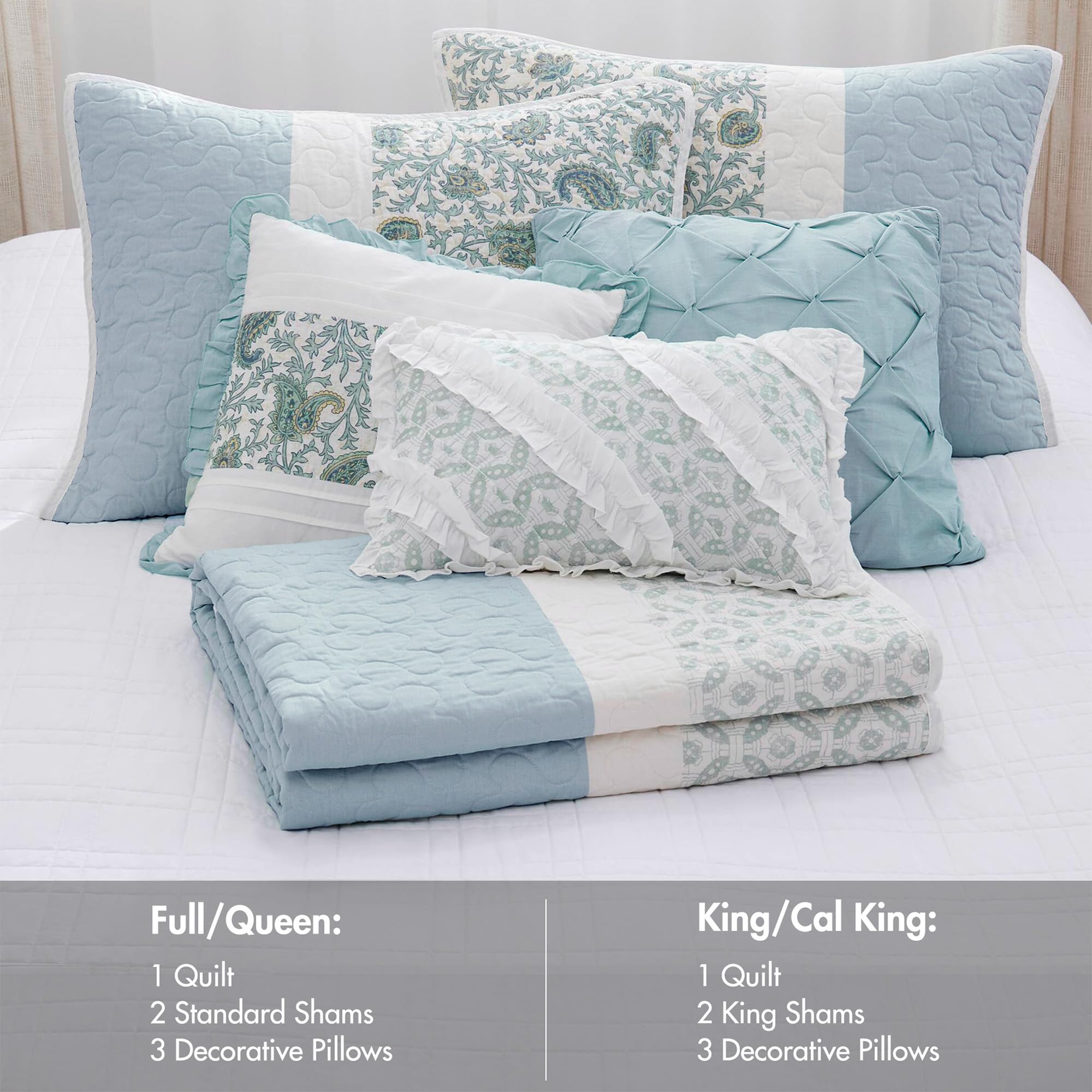 Madison Park Cotton Quilt Set Floral Print, Double Sided Stitching, All Season, Lightweight Coverlet Shabby Chic Bedding Layer, Matching Shams, King/Cal King, Aqua 6 Piece