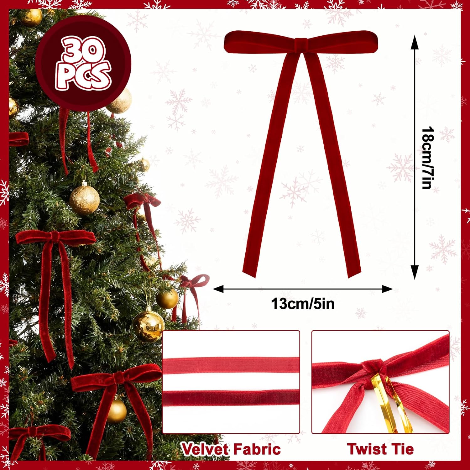 Regine Switzerland 30PC Burgundy Velvet Christmas Tree Bows - 5 x 7 Inch Vintage Holiday Decor
