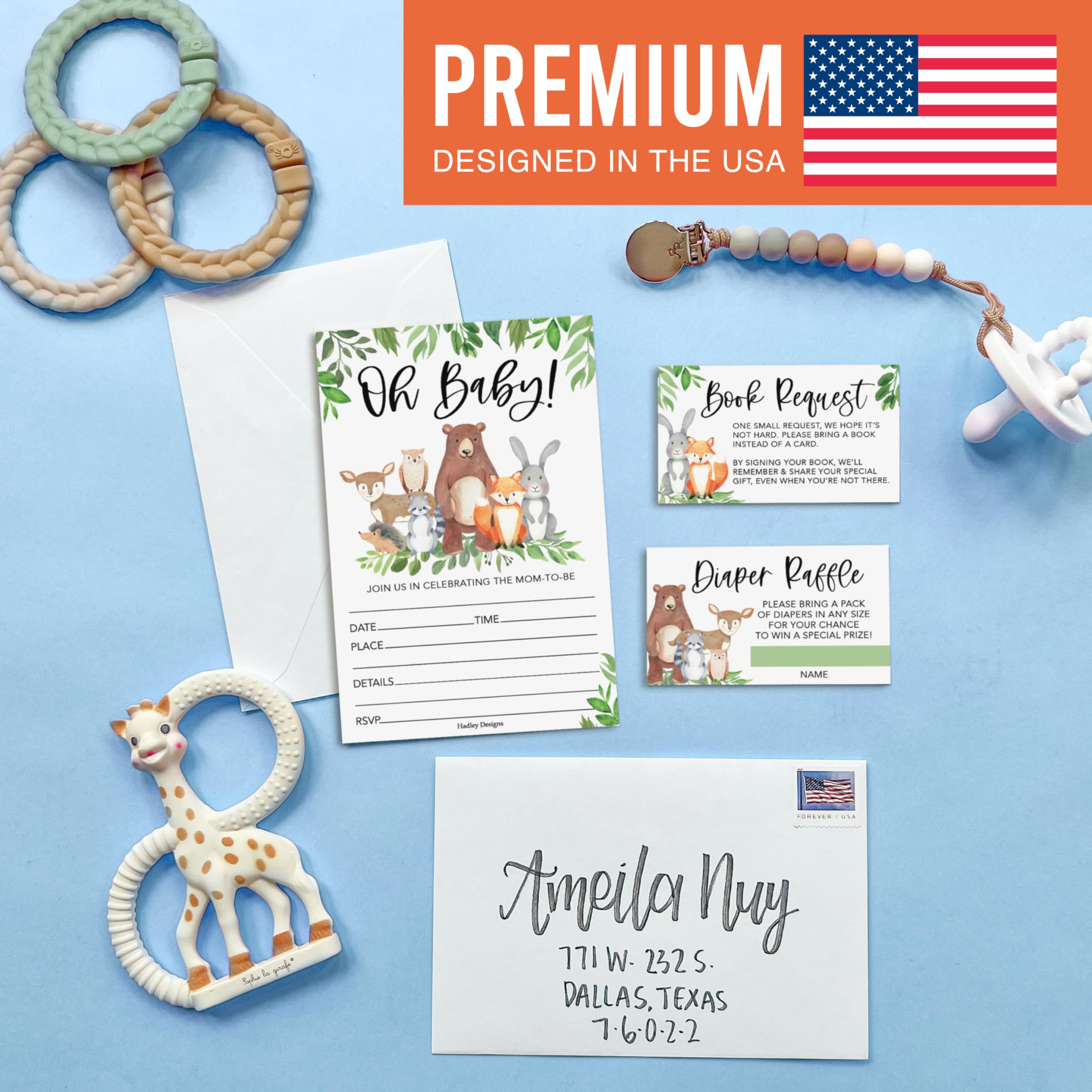 Hadley Designs Baby Shower Invitations for Girl -40 Baby Shower Invites for Boy with Diaper Raffle & Book Request Cards, Woodland Animals Gender Reveal Invitations Gender Neutral, Oh Baby!