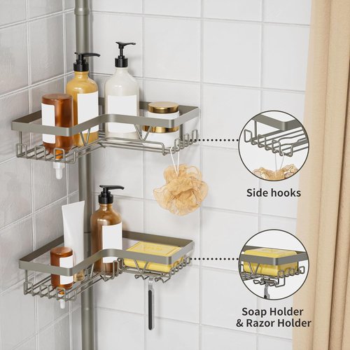 KEGII Shower Caddy Tension Pole - 4-Tier Rustproof Bathroom Organizer for Renters | 25–114.2 Inch Silver Gray
