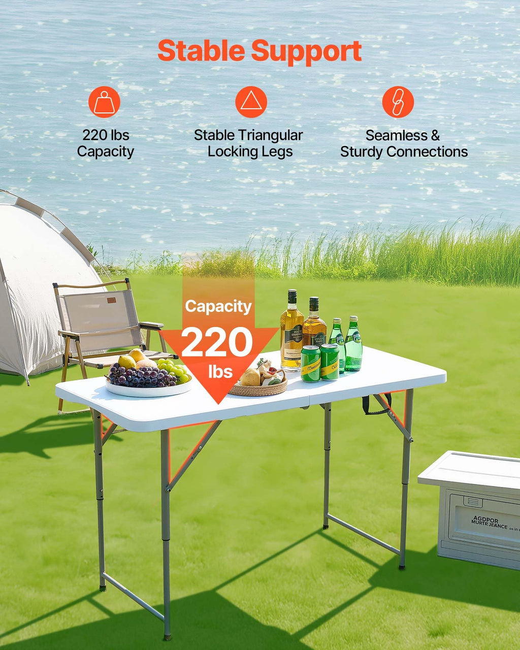 VEVOR Folding Table, Heavy Duty Portable Fold-in-Half Utility Table, Indoor Outdoor Plastic Rectangle Table with Built in Handle, for Party, Dining, Wedding, Events, Picnic, Camping, 4 ft, White