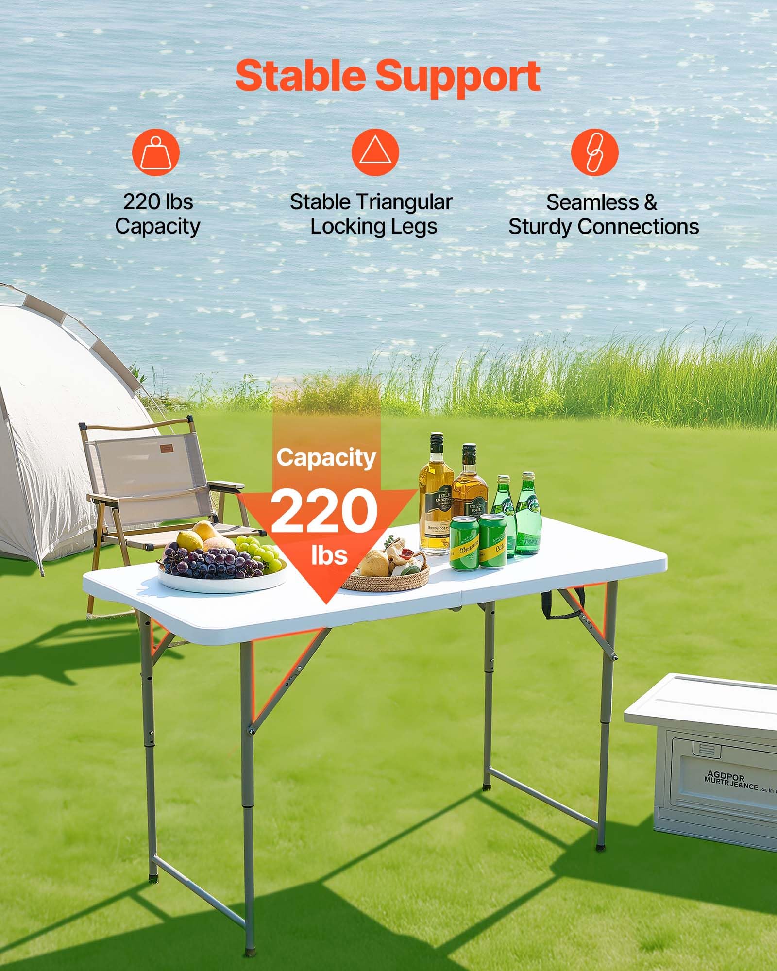 VEVOR Folding Table, Heavy Duty Portable Fold-in-Half Utility Table, Indoor Outdoor Plastic Rectangle Table with Built in Handle, for Party, Dining, Wedding, Events, Picnic, Camping, 4 ft, White