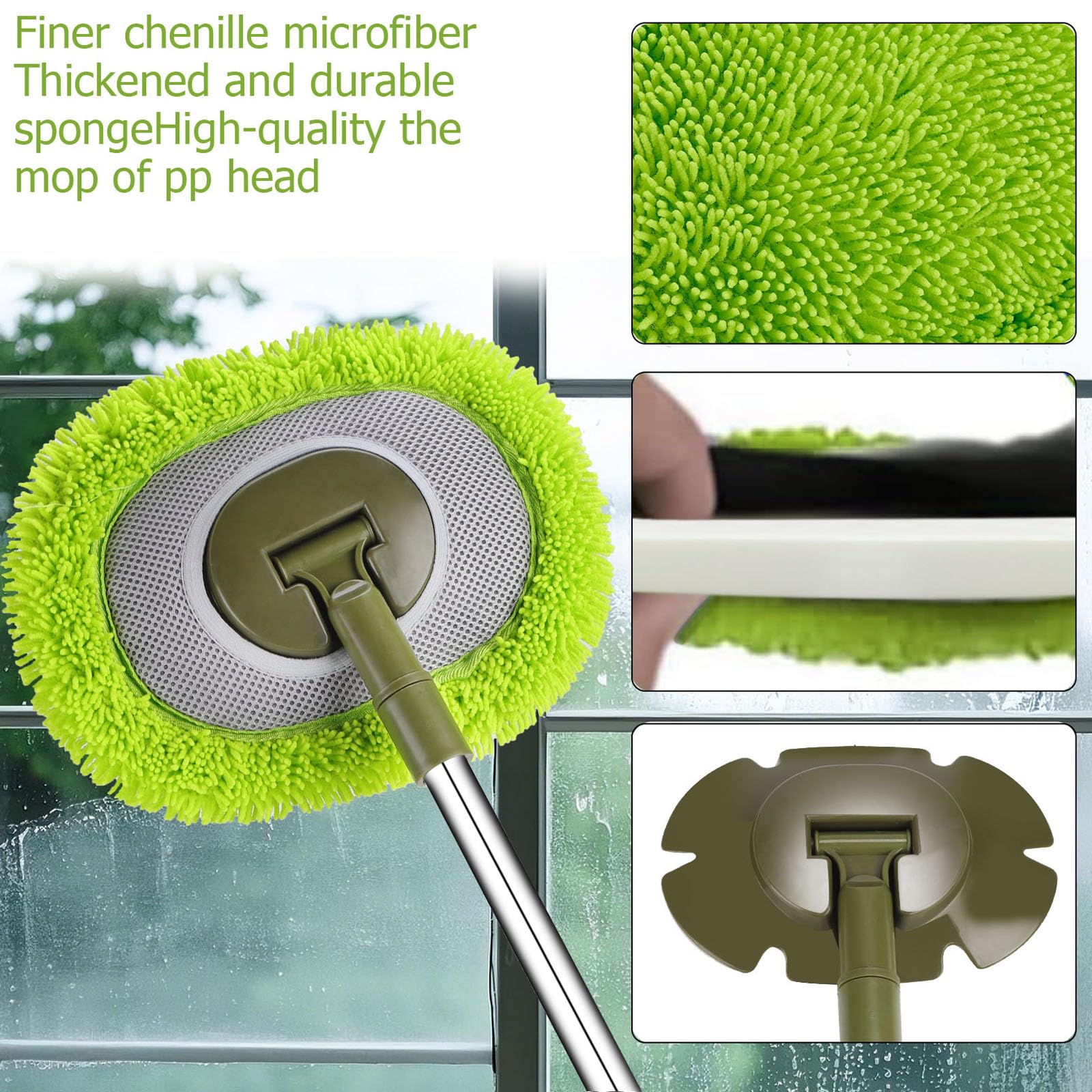 Wall Mop,Wall & Baseboard Cleaner Mop Tool with 71.3'' Long Handle,Ceiling Dust Mop with 15° Labor-Saving Extension Pole,Rotatable Adjustable Cleaning Tool Duster for Cleaning Window,Tile,Home,Green