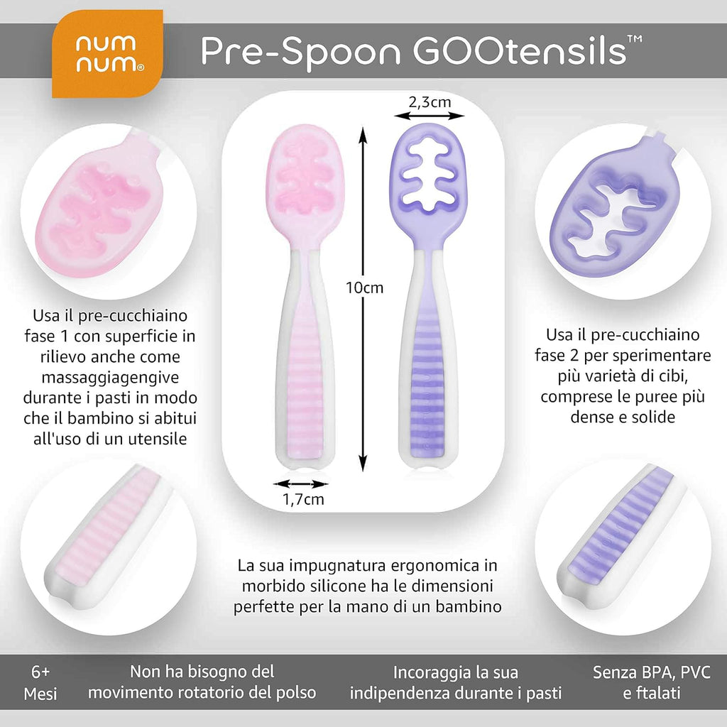 NumNum Baby Spoons Set - GOOtensils for Self-Feeding | BPA-Free Silicone Utensils, 2 Pack in Frosty Lilac/Rosebud, 6+ Months