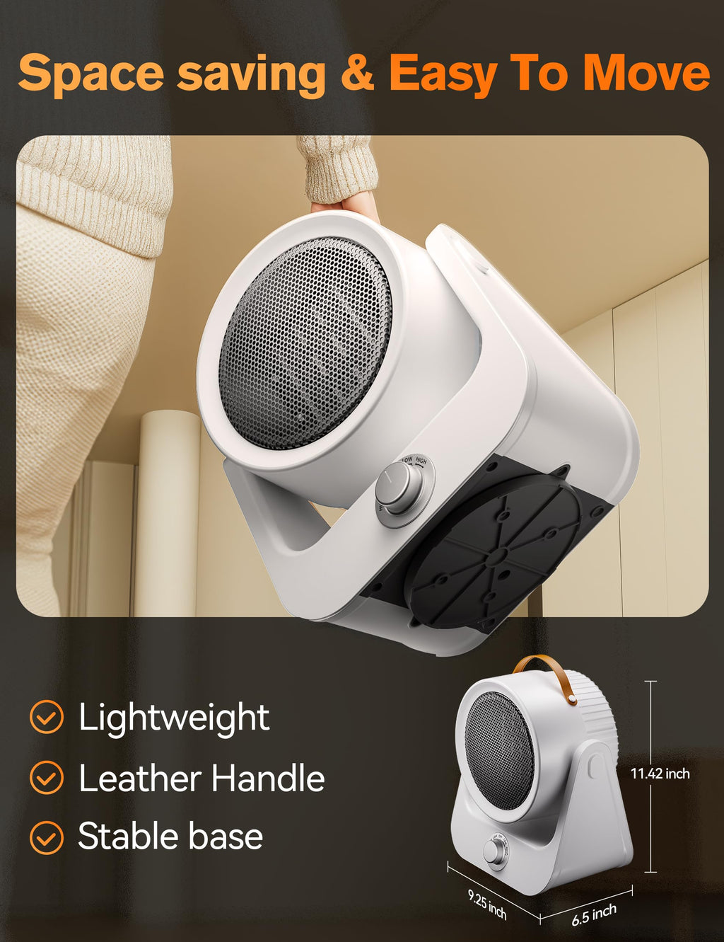 Electric Space Heaters For Indoor Use, 100°unlimited Oscillating, 2S Instant Heating, 1500WPTC Ceramic Electric Patio Heaters For HomeOffice, Tip-Over & Overheat Protection, 2 Heating Modes, SnowWhite