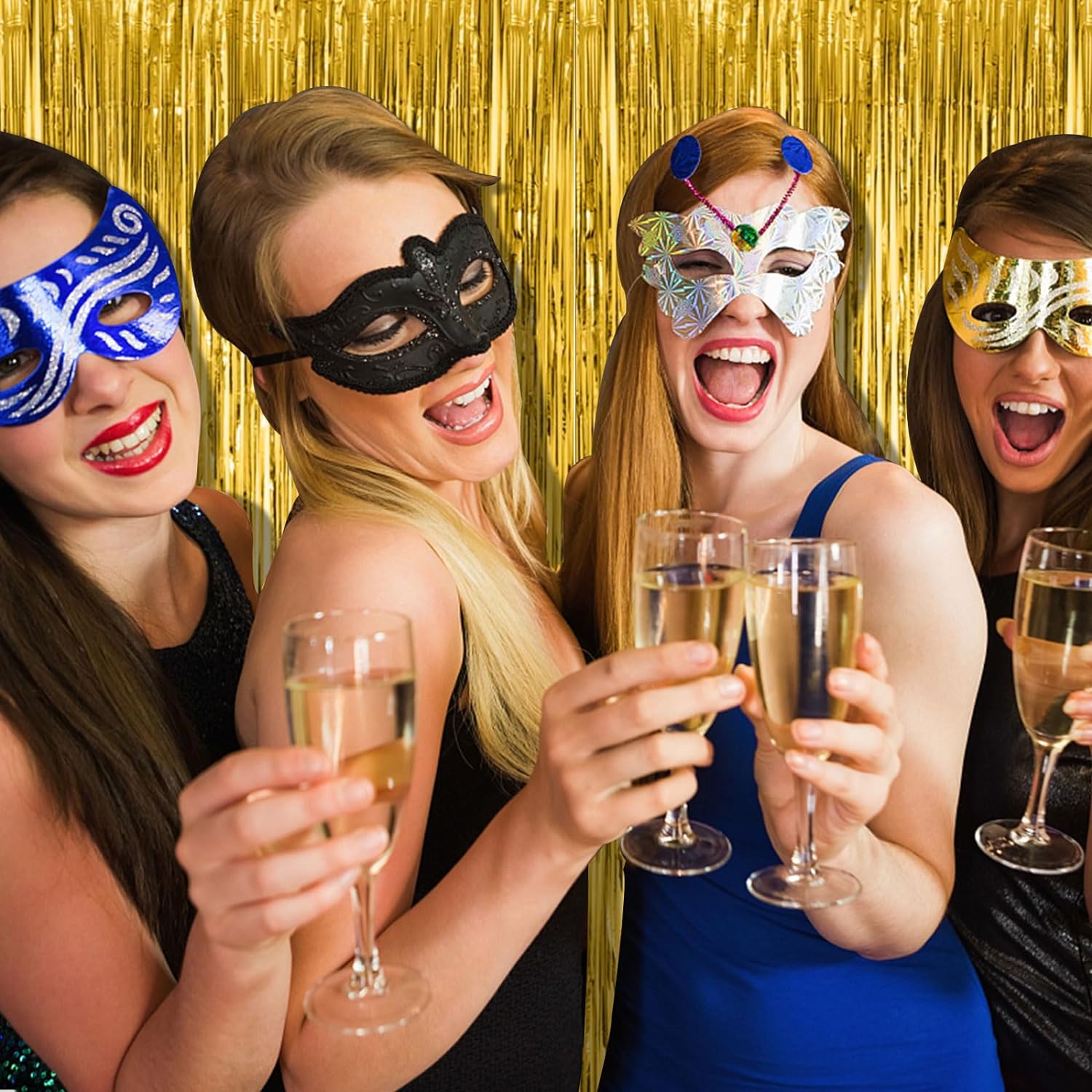 Skiennix Gold Fringe Curtain Backdrop - 2 Pack Tinsel Streamers for Parties & Events | Perfect for Birthdays, Christmas, Halloween, & Graduations