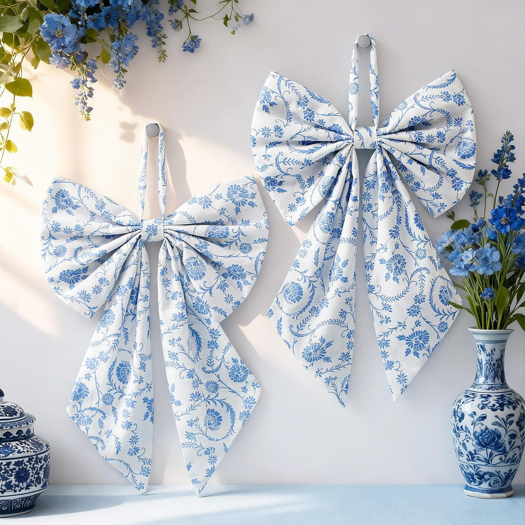 Suncalla Chinoiserie Wreath - Cute Flower Bow Front Door Hanger for Spring Decor | Blue Toile Design