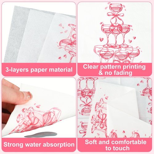 100 Pcs Champagne Tower Cocktail Napkins Disposable Hot Pink Paper Napkins 3 Ply Watercolor Party Dinner Napkin Decorative Beverage Napkin for Girls Wedding Birthday Bachelorette Party Supplies