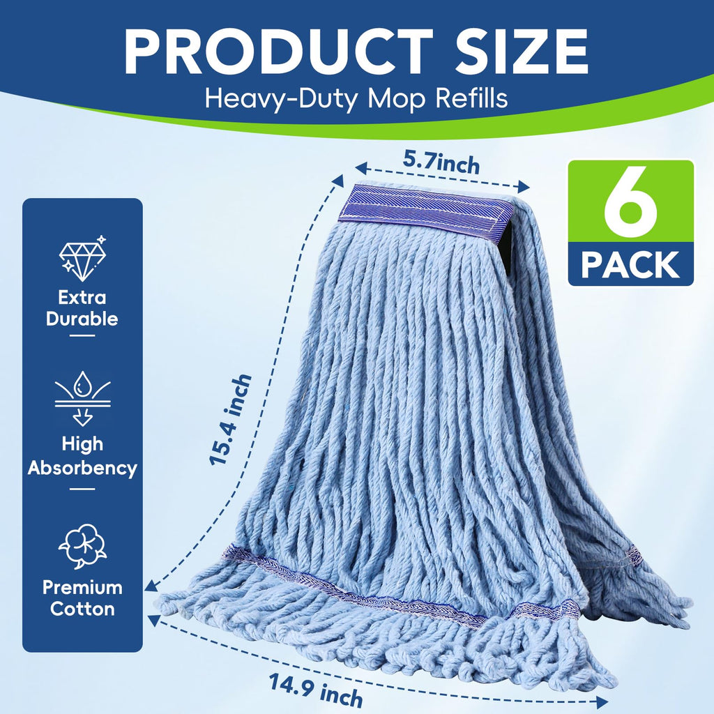 6 Pack Commercial Mop Head Replacement – Heavy Duty Mop Head for General and Floor Cleaning | Industrial Wet Mops | Washable Refill, Reusable, Looped End Mopheads | Hardwood, Concrete