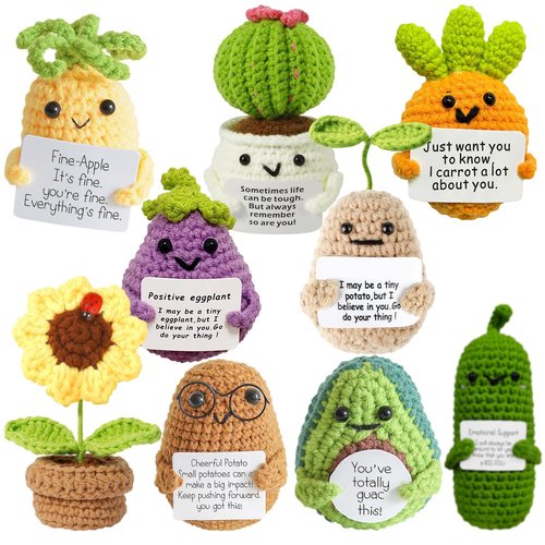 YUELE Mini Crochet Gift Set, Emotional Support Dolls, 9PCS Cute Funny Handmade Vegetables and Plants with approving Card, Encouragement Birthday Gift for Friends Room Decor