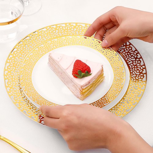 VajilaPhil 350-Piece Gold Hollow Plastic Dinnerware Set for 50 Guests, Disposable Dinnerware for Party, Wedding. Includes Dinner Plates, Dessert Plates, Gold Silverware, Napkins, Cups
