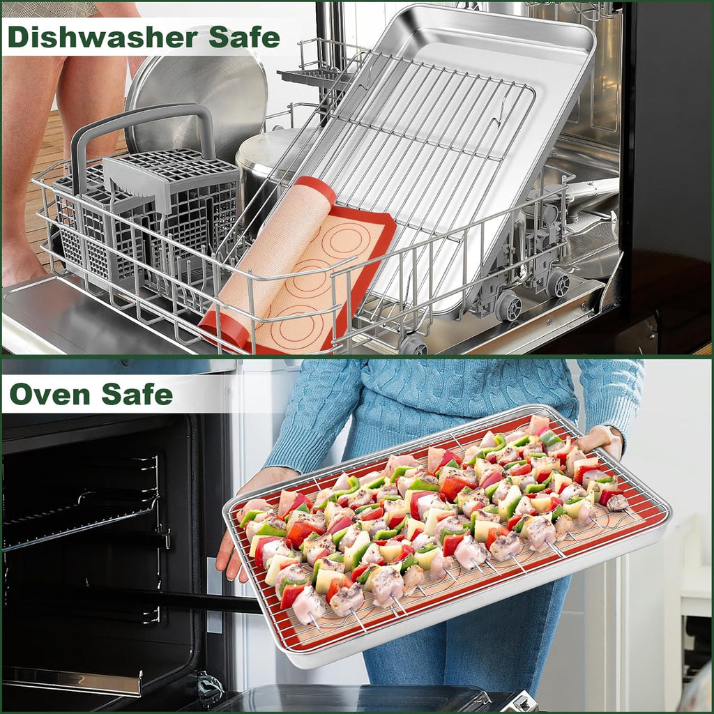 TeamFar Stainless Steel Baking Sheet Set - 16” x 12” Baking Pan with Cooling Rack & Silicone Mat | Oven & Dishwasher Safe