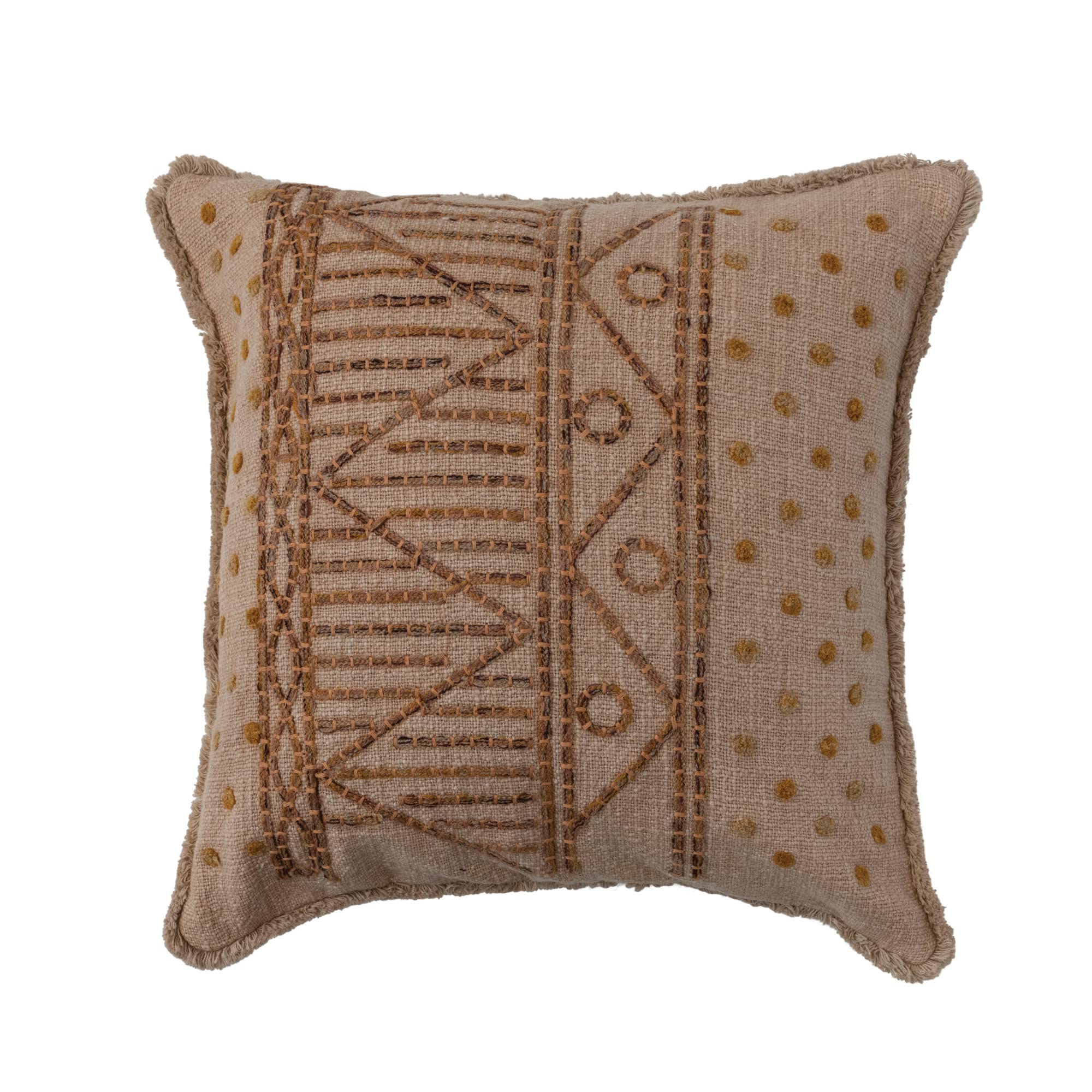 Cotton Slub Throw Pillow Cover with Geometric Embroidery and Fringe, Brown