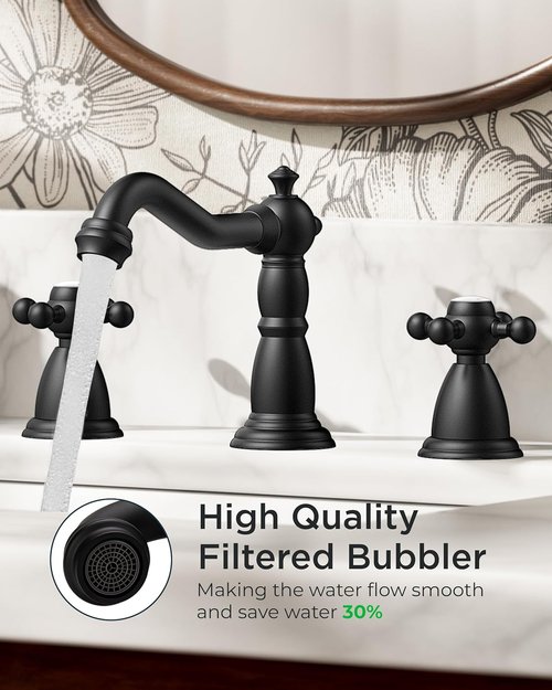 FORIOUS Matte Black Bathroom Faucet - Vintage 3 Hole Widespread Design with Cross Handles & Drain | 8 Inch
