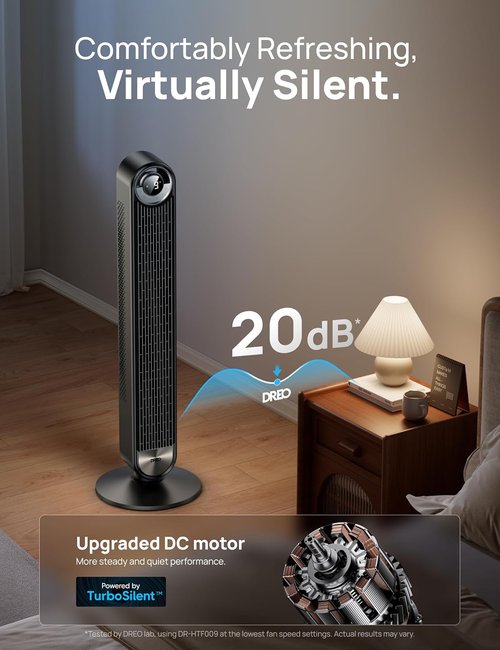 DREO Tower Fan - 90° Oscillating Standing Floor Fan with 28ft/s Velocity | 25dB Quiet Operation, 9 Speeds, Remote Control