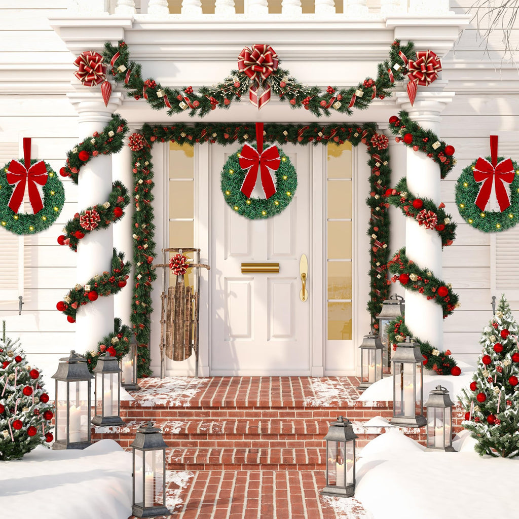 ATDAWN 3 Pack Mini Christmas Wreath, Lighted Christmas Front Door Wreath, Xmas Wreath for Holiday Christmas Party Decorations (Red Bow)