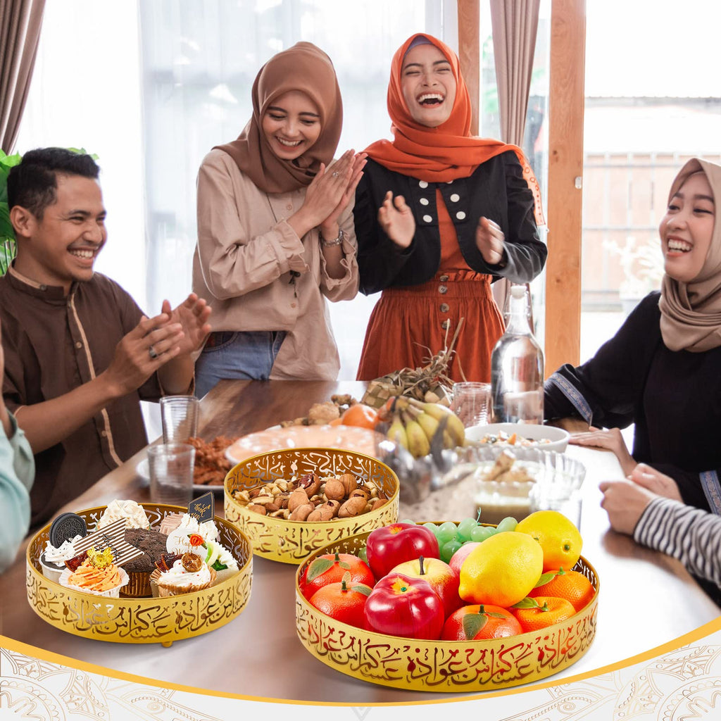 Ramadan Serving Trays - 3 Pieces Iron Gold Round Platter, 3 Sizes Eid Candy Dish, Muslim Pastry Snacks Dessert Holder for Ramadan Mubarak Party Supplies Home Decor